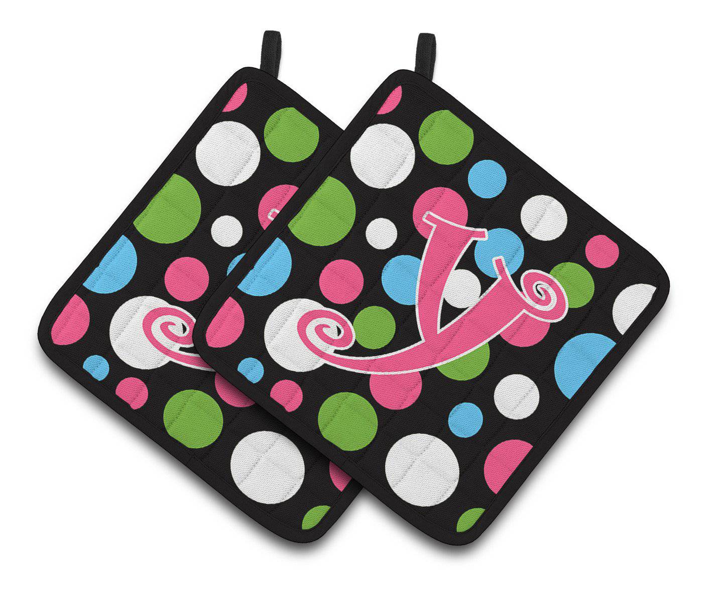 Monogram Initial Y Polkadots and Pink  Pair of Pot Holders CJ1038-YPTHD - the-store.com
