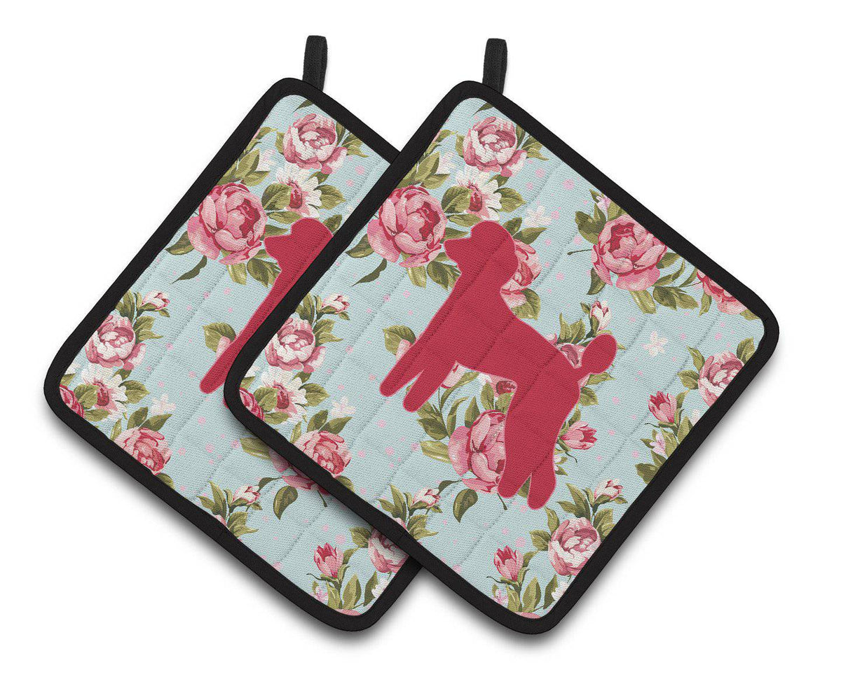 Poodle Shabby Chic Blue Roses   Pair of Pot Holders BB1114-RS-BU-PTHD - the-store.com