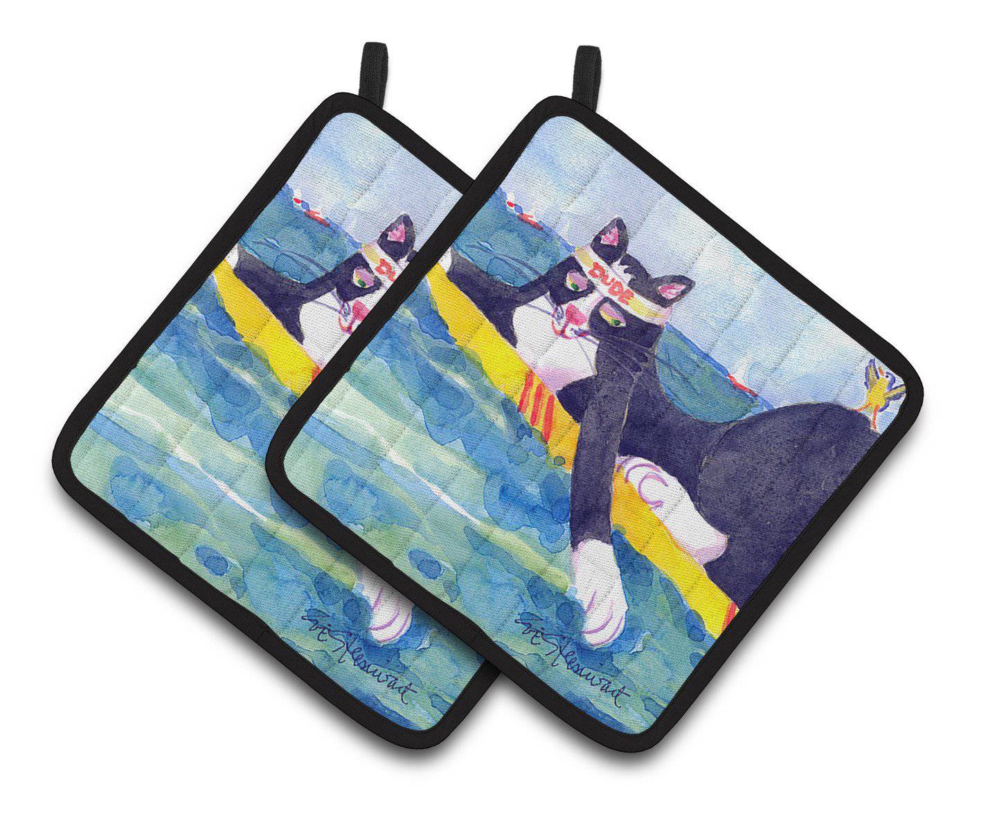 Black and white Cat Surfin Bird Pair of Pot Holders 6051PTHD - the-store.com