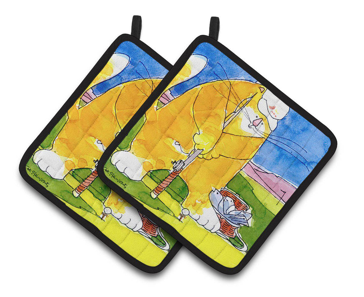 Big Cat golfing with a fishing pole  Pair of Pot Holders 6105PTHD - the-store.com