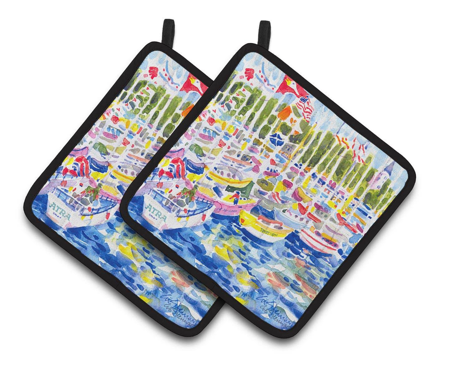 Bunch of boats at Harbour Pair of Pot Holders 6117PTHD - the-store.com