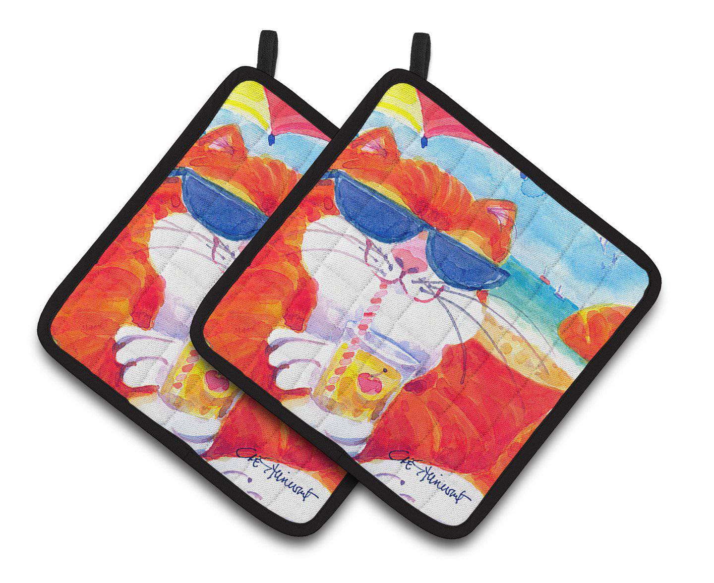Cool Cat with Sunglasses at the beach Pair of Pot Holders 6118PTHD - the-store.com