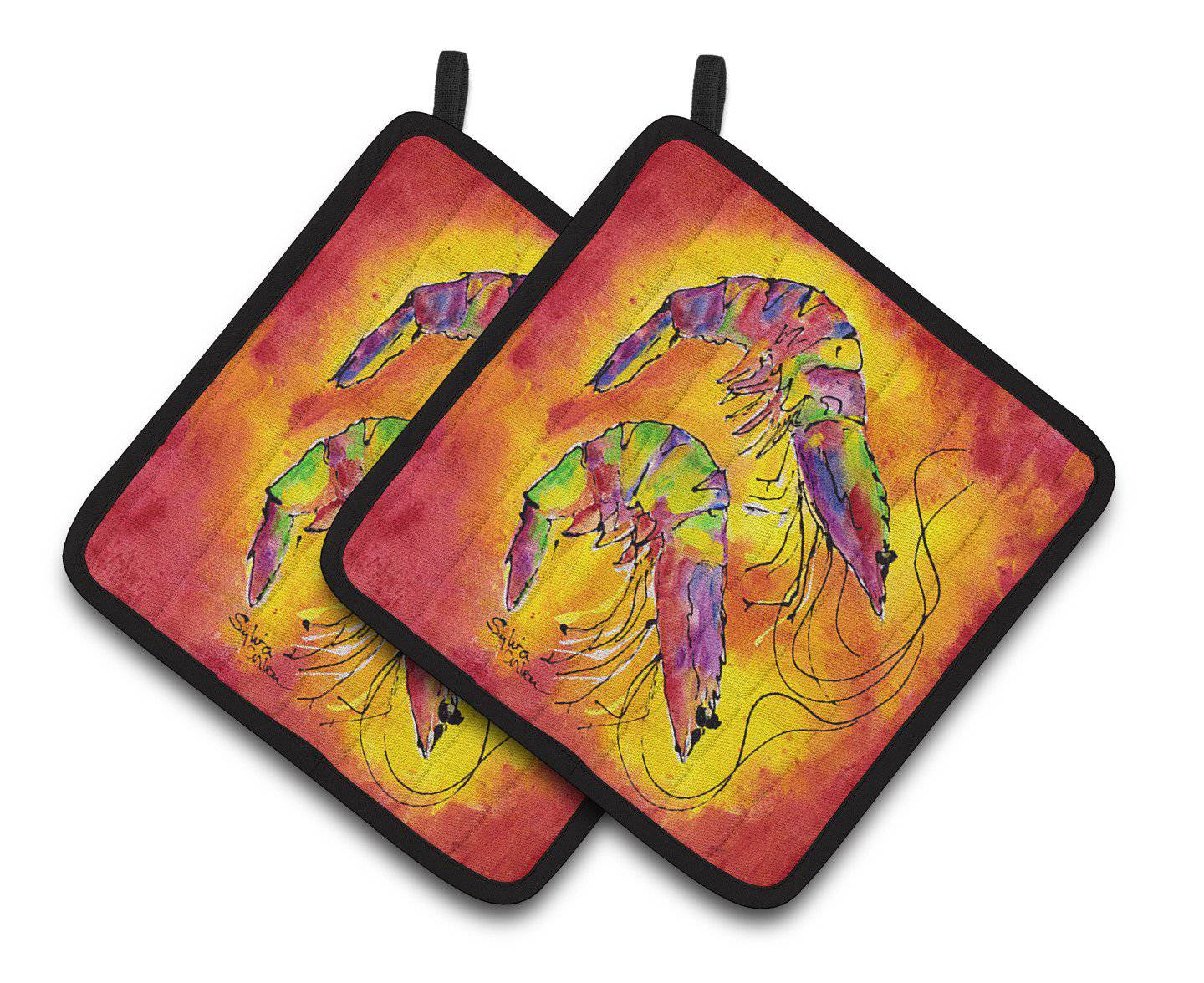 Bright Shrimp on Red Pair of Pot Holders 8378PTHD - the-store.com