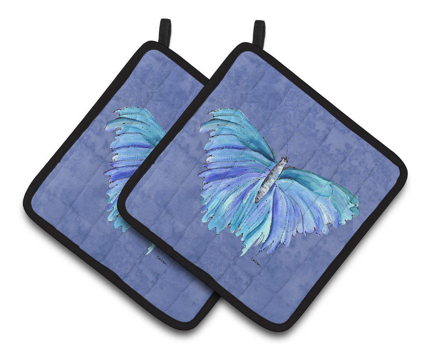 Butterfly on Slate Blue Pair of Pot Holders 8855PTHD - the-store.com