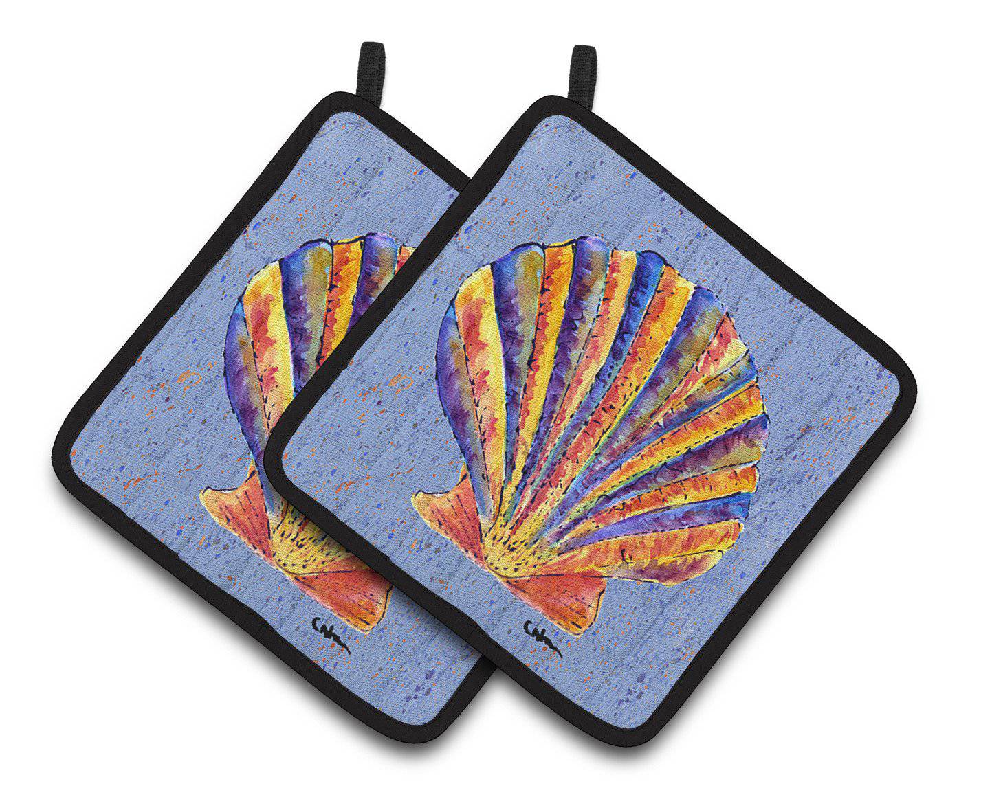 Scalloped Shell on Blue Pair of Pot Holders 8525PTHD - the-store.com