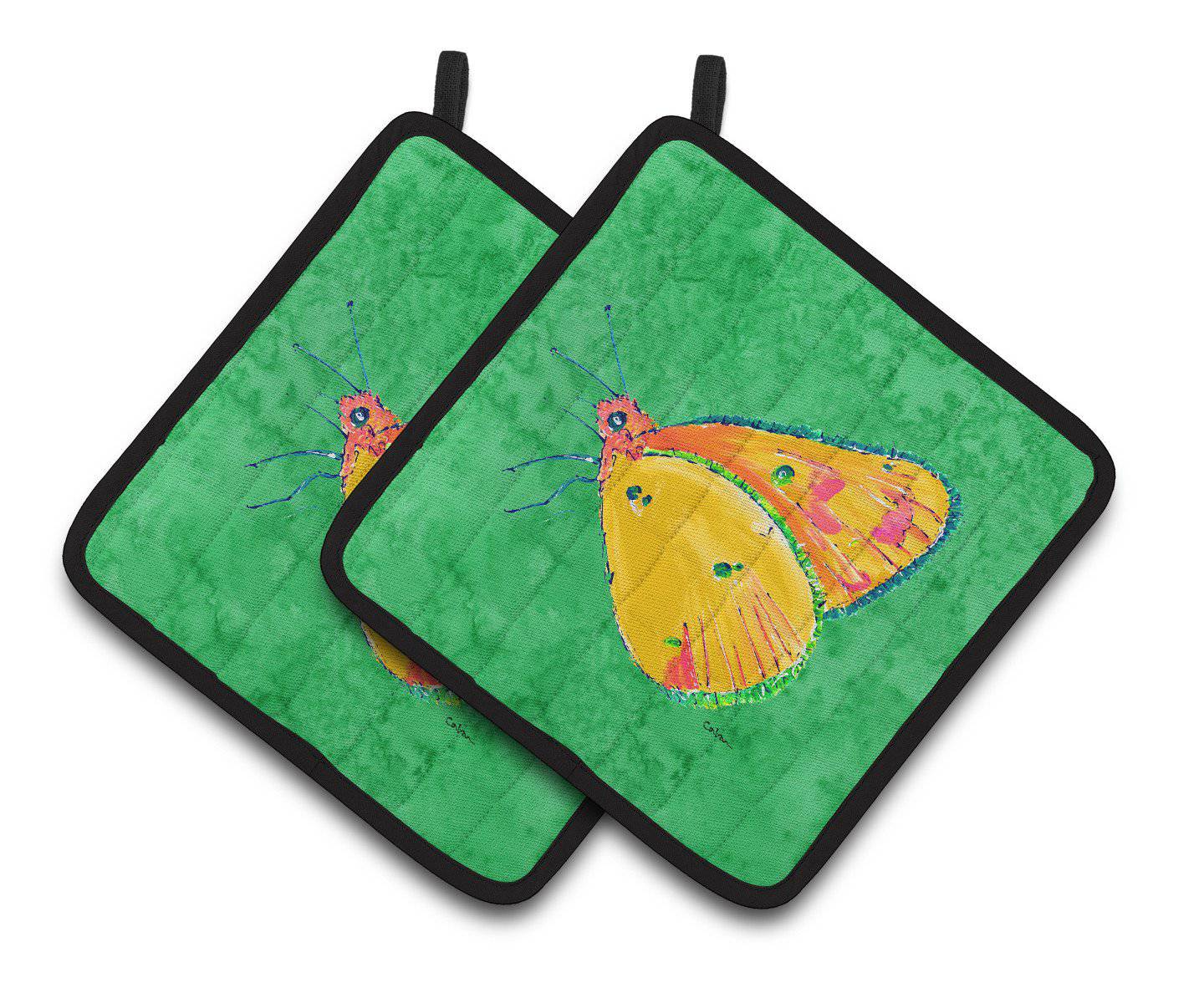 Butterfly Orange on Green Pair of Pot Holders 8861PTHD - the-store.com