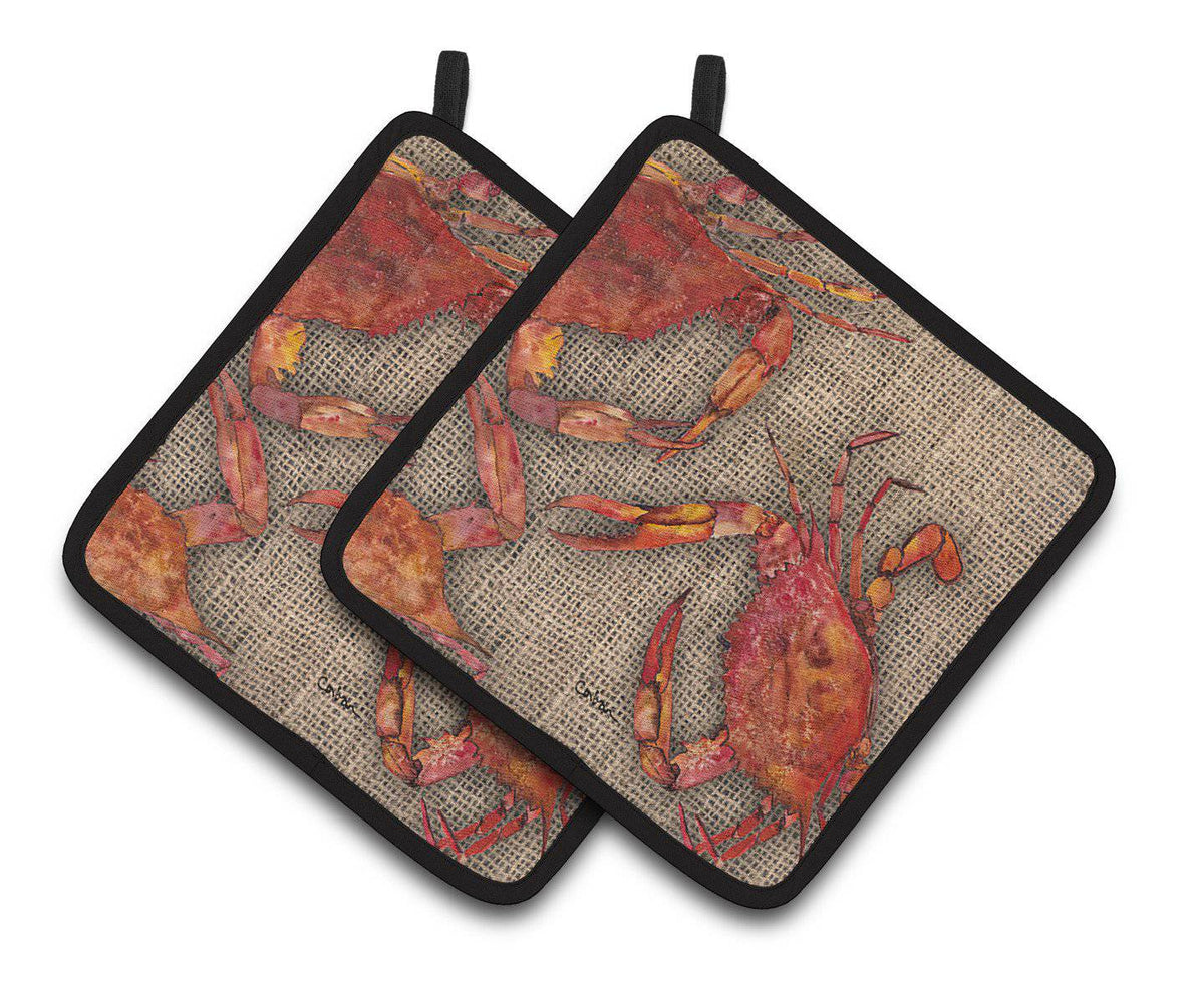 Cooked Crabs on Faux Burlap Pair of Pot Holders 8742PTHD - the-store.com