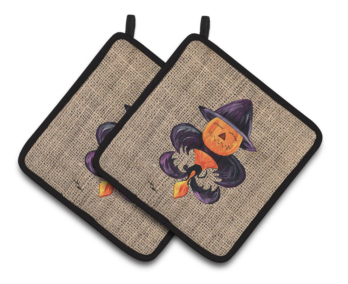 Halloween Pumpkin Bat Fleur de lis Pair of Pot Holders 8748PTHD - the-store.com