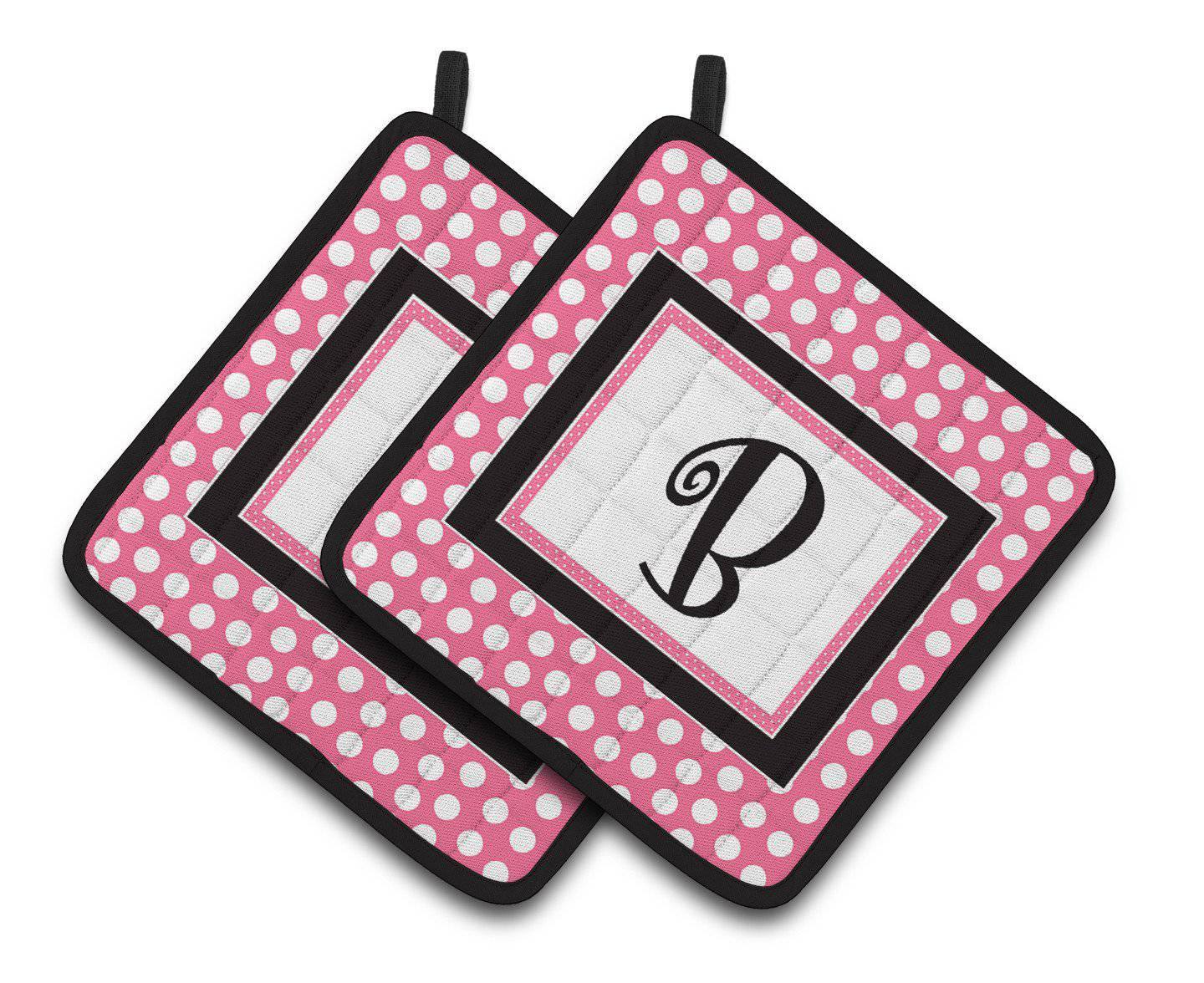 Letter B Monogram - Pink Black Polka Dots Pair of Pot Holders CJ1001-BPTHD - the-store.com