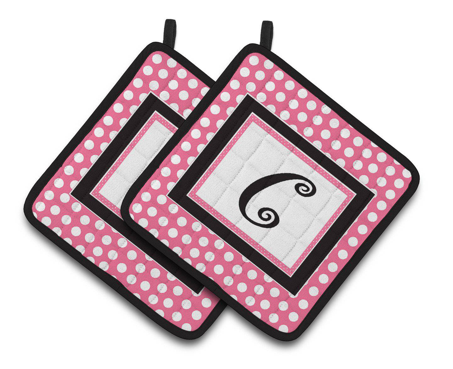 Letter C Monogram - Pink Black Polka Dots Pair of Pot Holders CJ1001-CPTHD - the-store.com