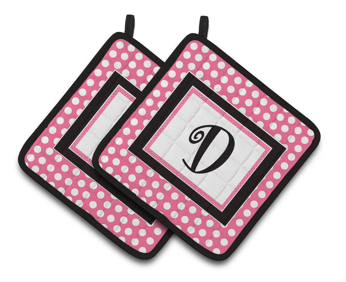 Letter D Monogram - Pink Black Polka Dots Pair of Pot Holders CJ1001-DPTHD - the-store.com