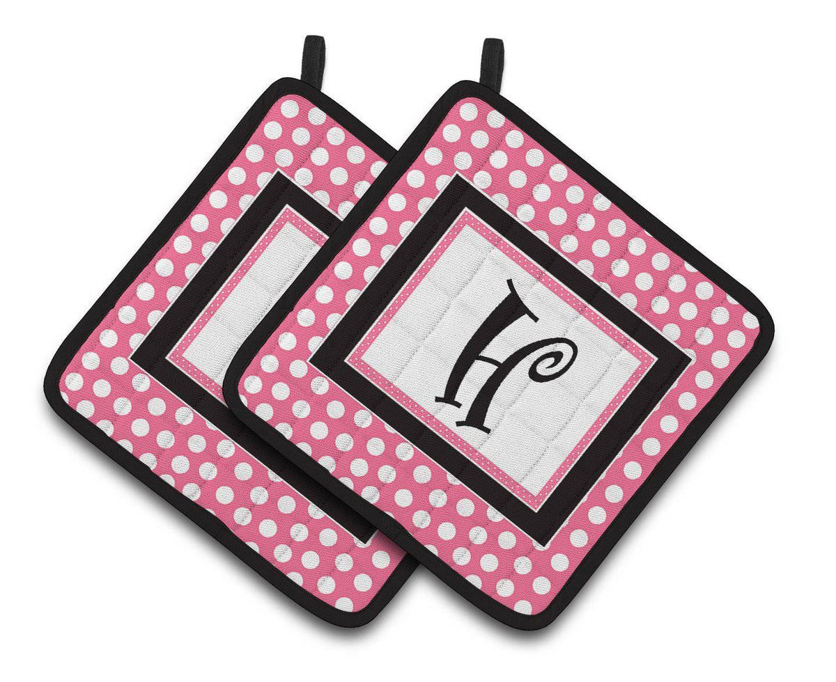 Letter H Monogram - Pink Black Polka Dots Pair of Pot Holders CJ1001-HPTHD - the-store.com