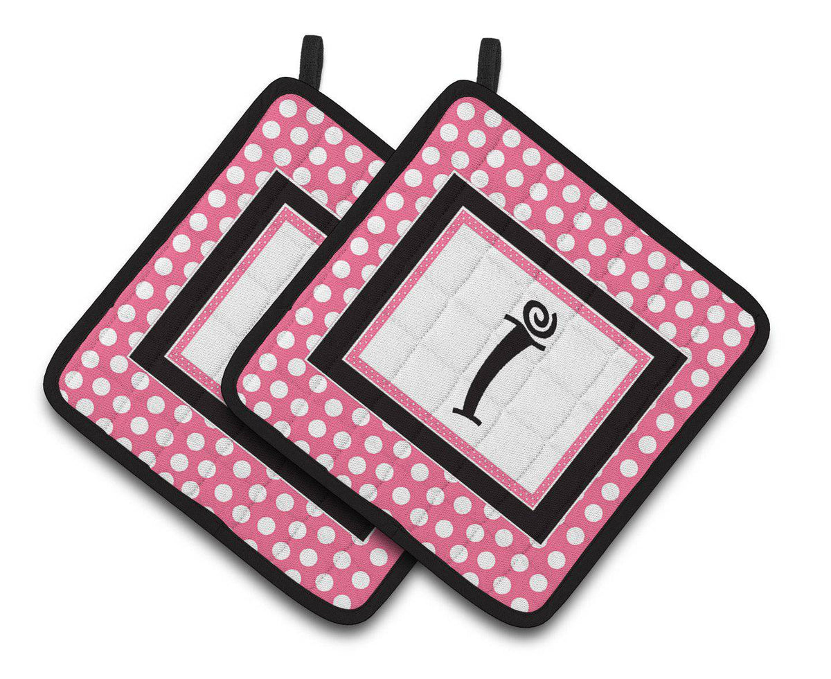 Letter I Monogram - Pink Black Polka Dots Pair of Pot Holders CJ1001-IPTHD - the-store.com