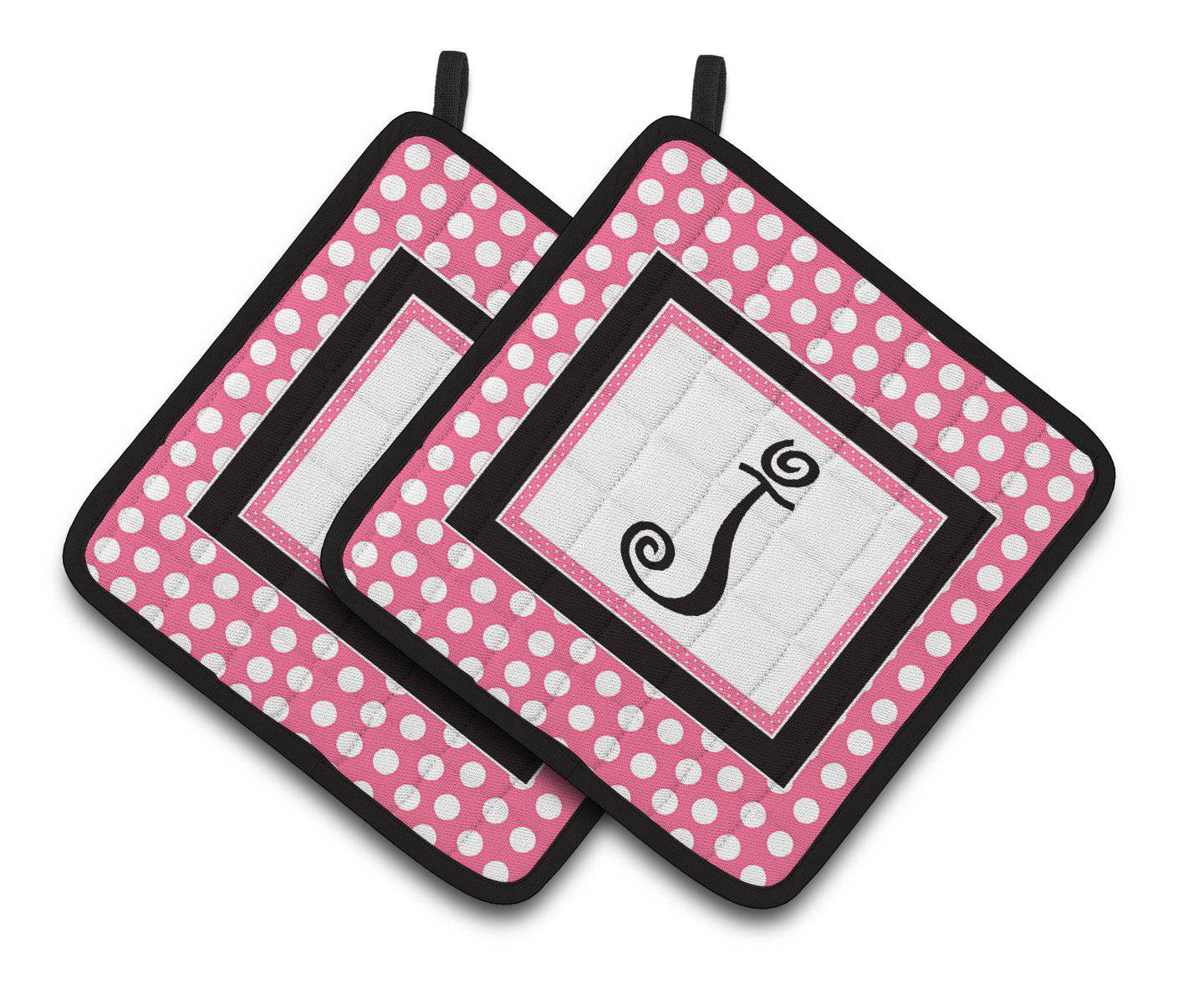 Letter J Monogram - Pink Black Polka Dots Pair of Pot Holders CJ1001-JPTHD - the-store.com