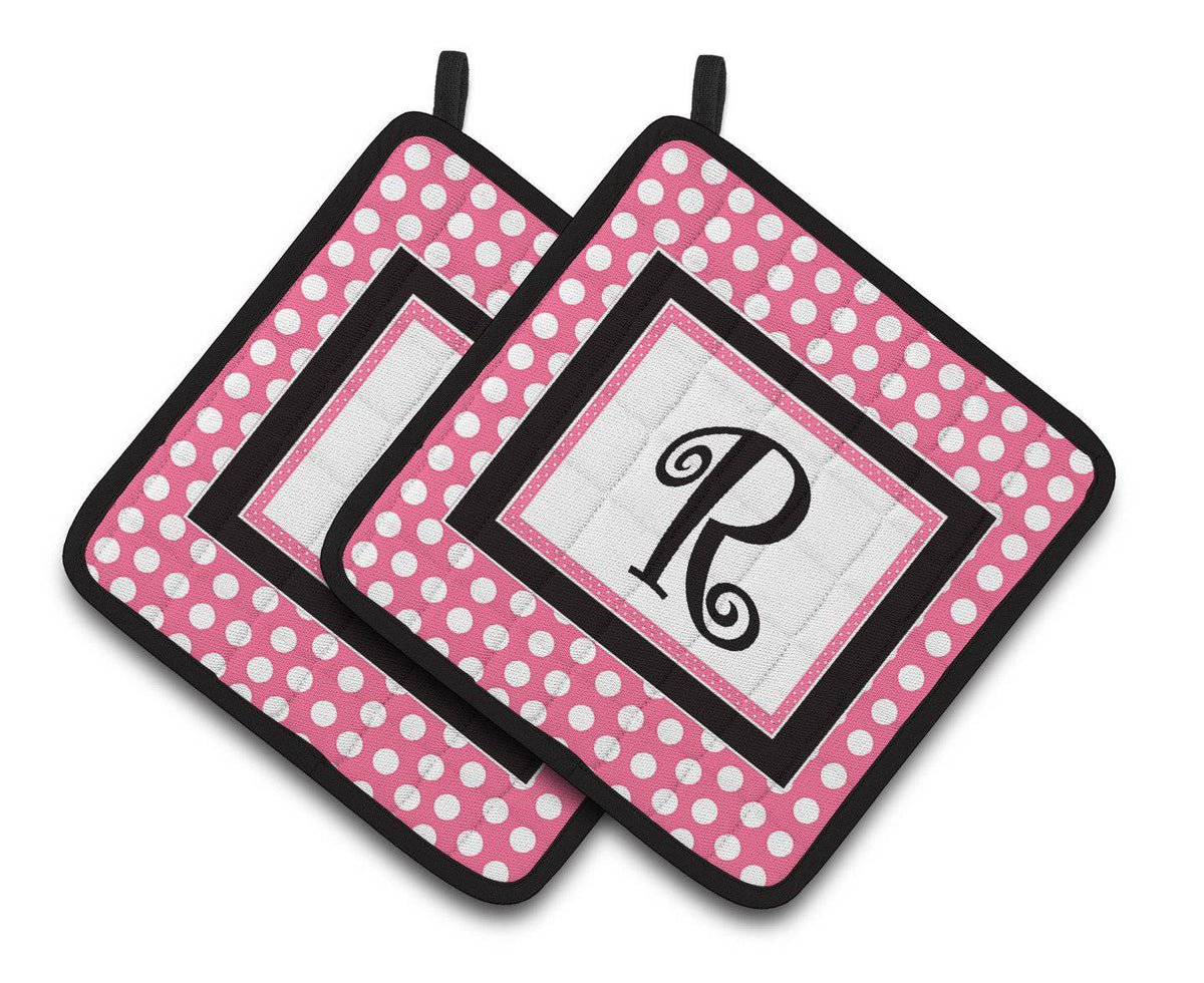 Letter R Monogram - Pink Black Polka Dots Pair of Pot Holders CJ1001-RPTHD - the-store.com