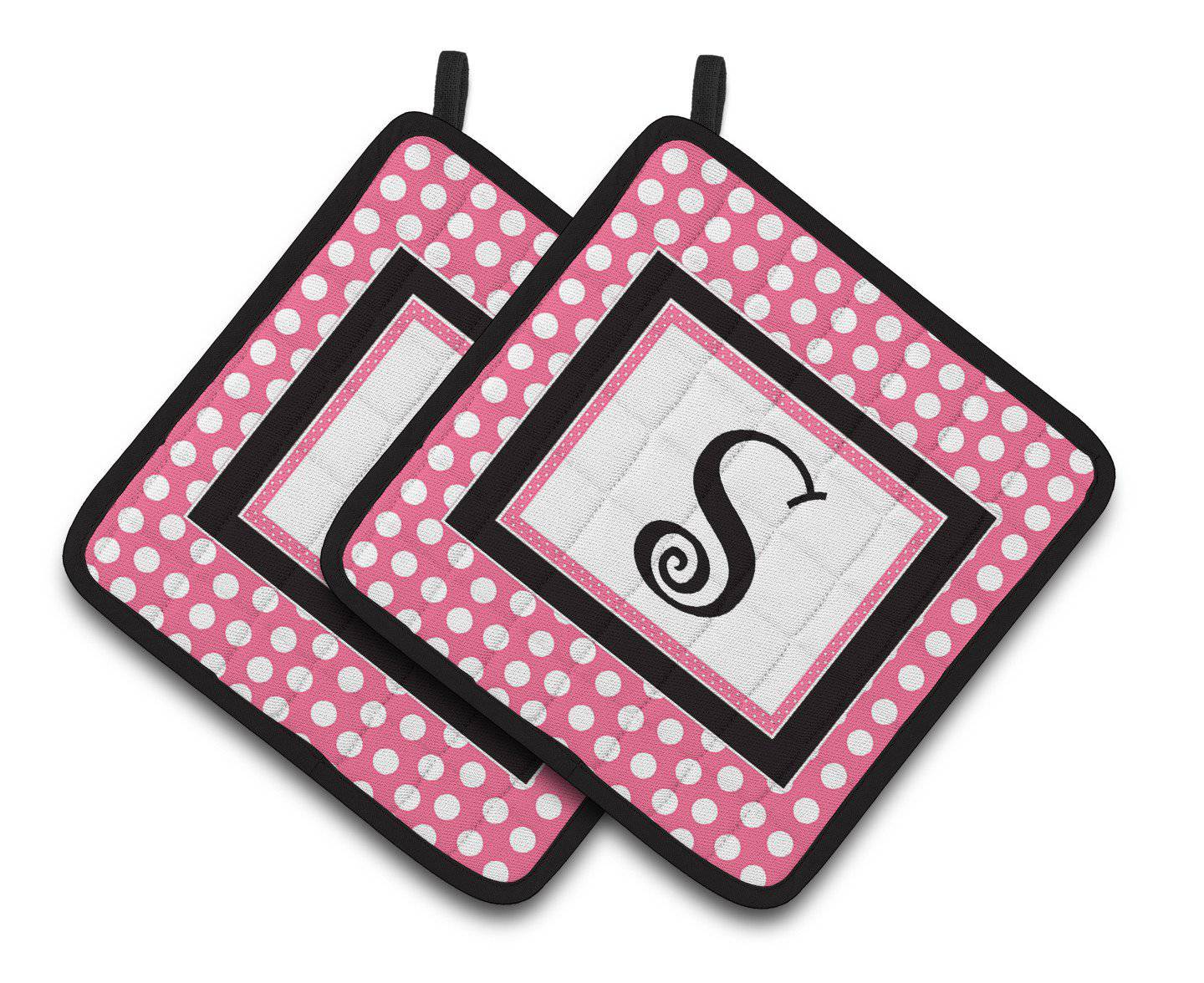 Letter S Monogram - Pink Black Polka Dots Pair of Pot Holders CJ1001-SPTHD - the-store.com