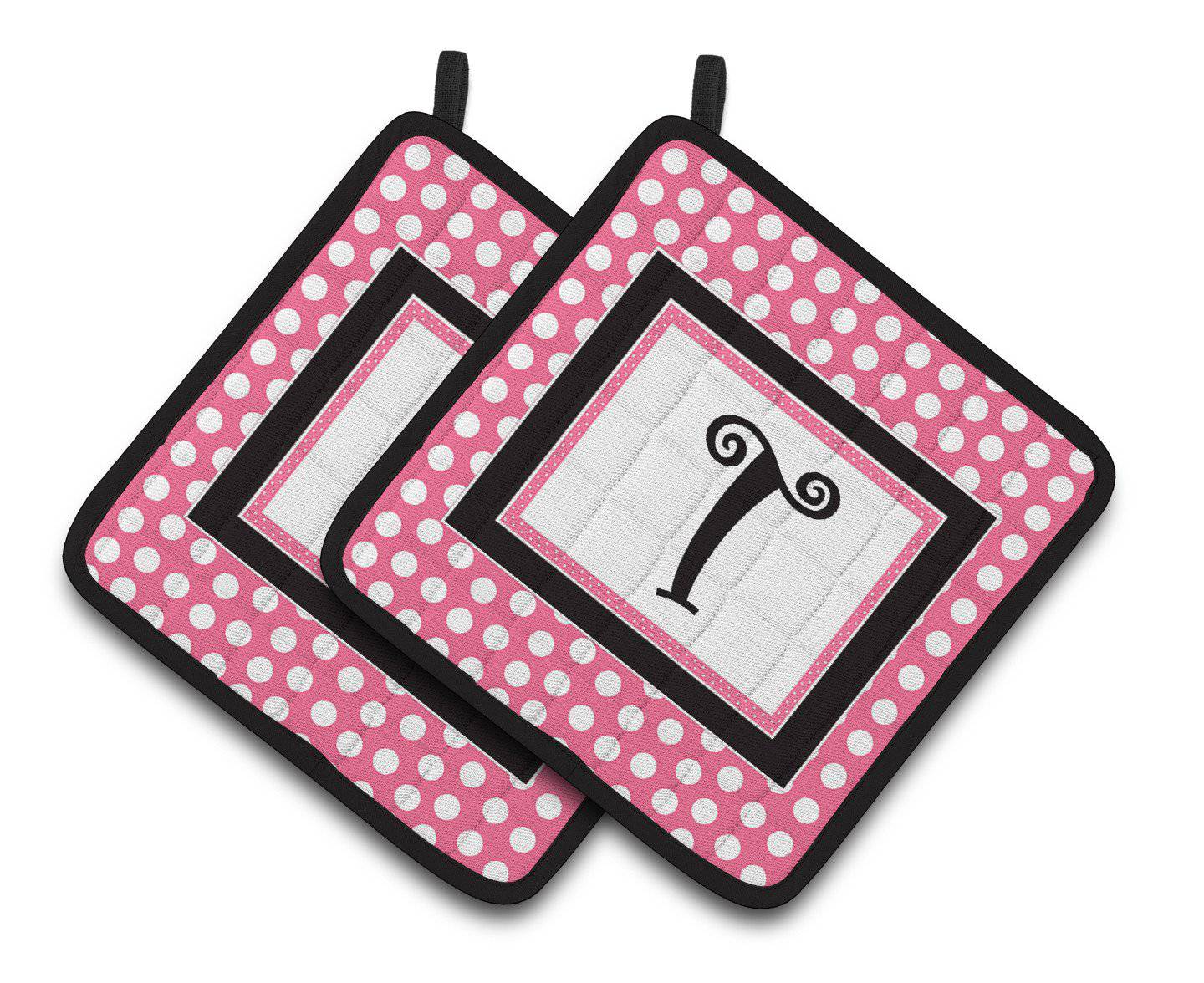 Letter T Monogram - Pink Black Polka Dots Pair of Pot Holders CJ1001-TPTHD - the-store.com