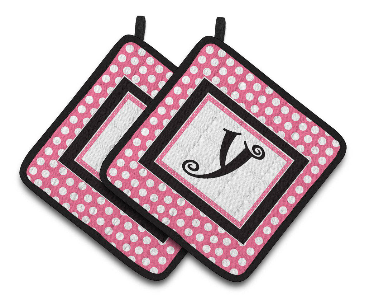 Letter Y Monogram - Pink Black Polka Dots Pair of Pot Holders CJ1001-YPTHD - the-store.com