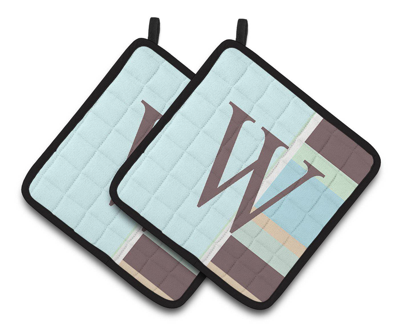 Letter W Initial Monogram - Blue Stripes Pair of Pot Holders CJ1003-WPTHD - the-store.com