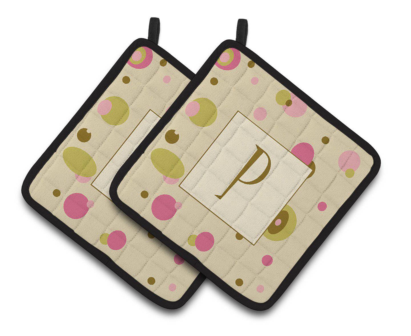 Letter P Initial Monogram - Tan Dots Pair of Pot Holders CJ1004-PPTHD - the-store.com