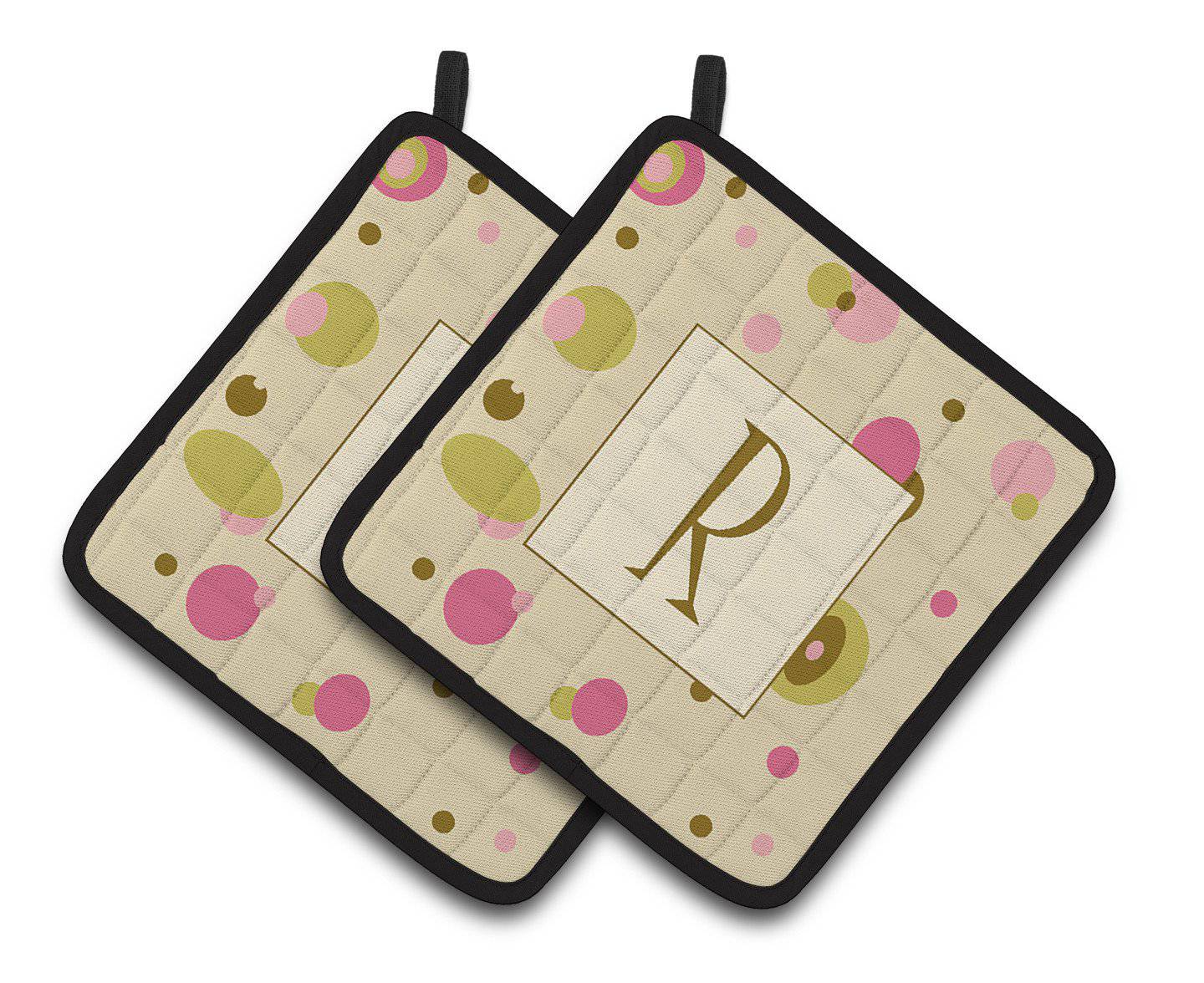 Letter R Initial Monogram - Tan Dots Pair of Pot Holders CJ1004-RPTHD - the-store.com