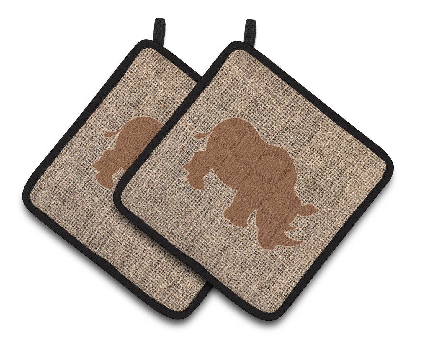 Rhinoceros Faux Burlap and Brown   Pair of Pot Holders BB1006-BL-BN-PTHD - the-store.com