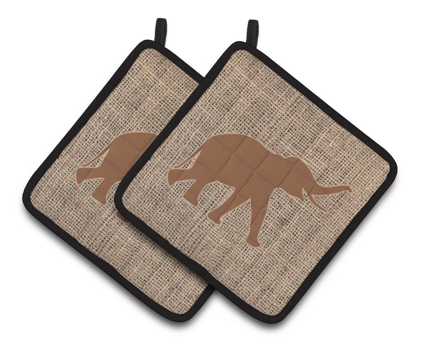 Elephant Faux Burlap and Brown   Pair of Pot Holders BB1011-BL-BN-PTHD - the-store.com