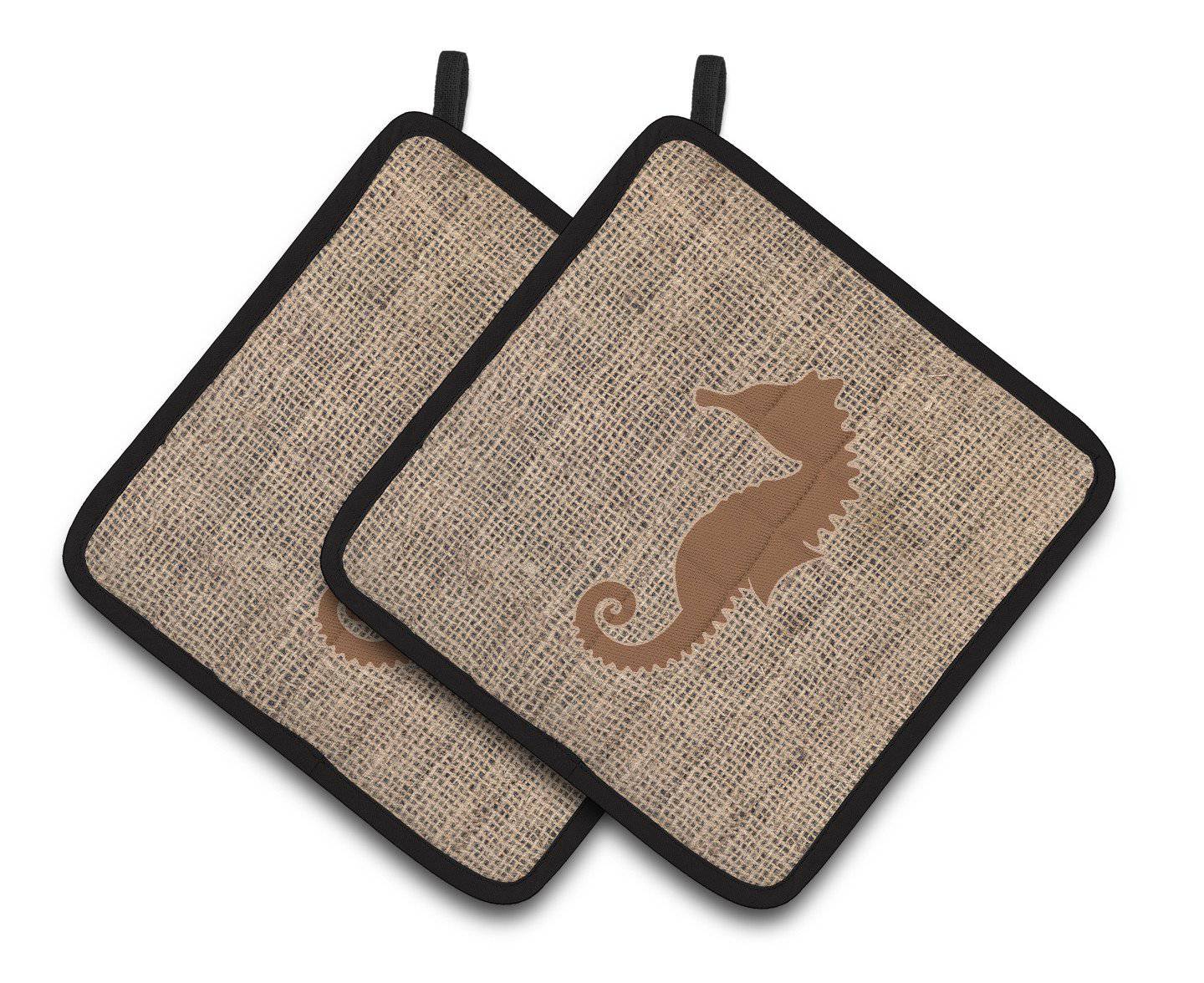Sea Horse Faux Burlap and Brown   Pair of Pot Holders BB1018-BL-BN-PTHD - the-store.com