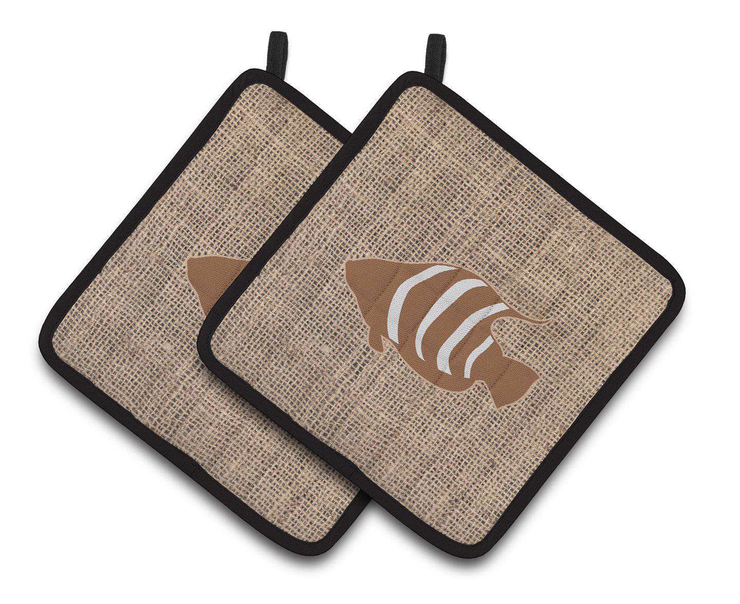 Fish Faux Burlap and Brown   Pair of Pot Holders BB1020-BL-BN-PTHD - the-store.com
