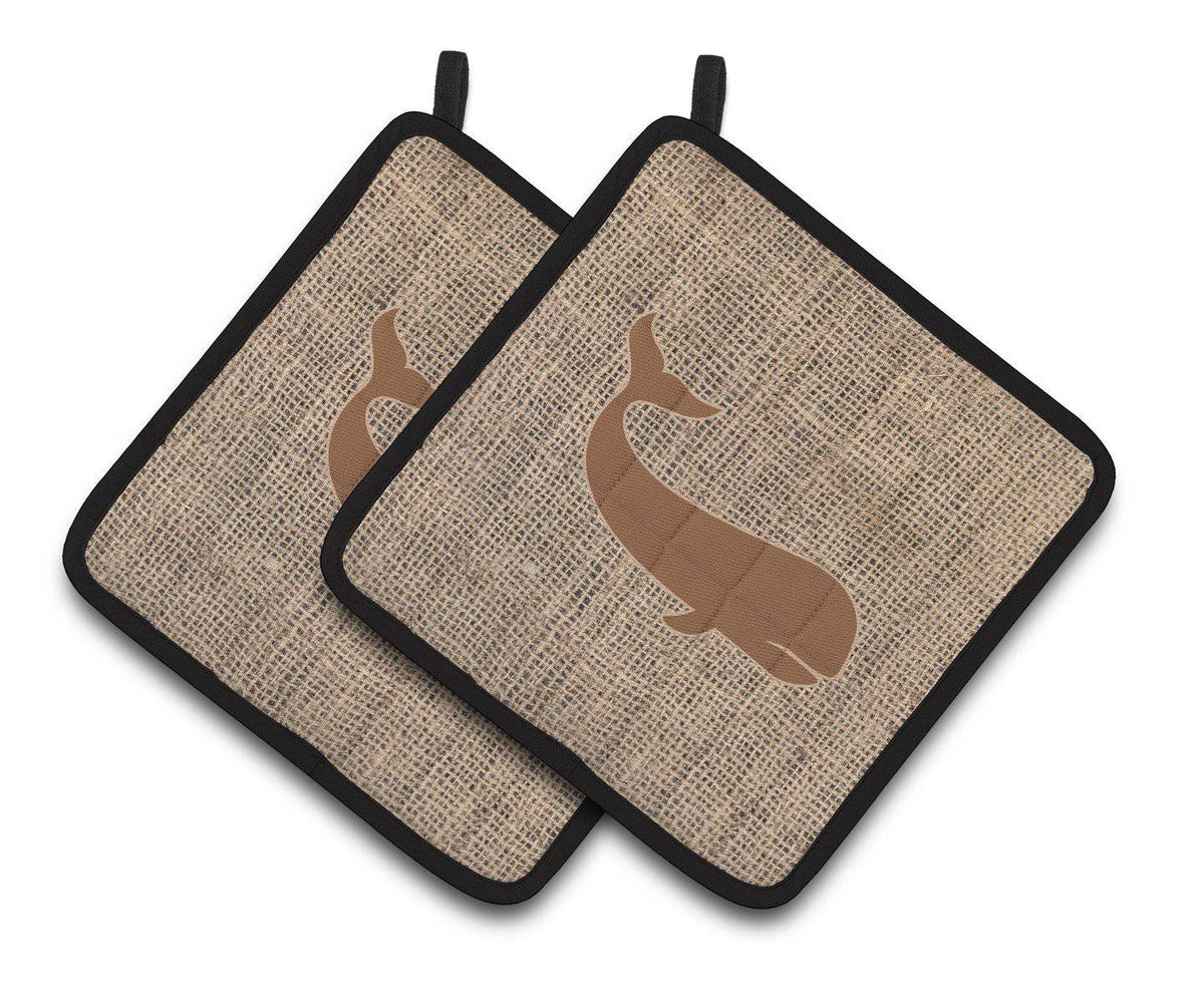 Whale Faux Burlap and Brown   Pair of Pot Holders BB1021-BL-BN-PTHD - the-store.com