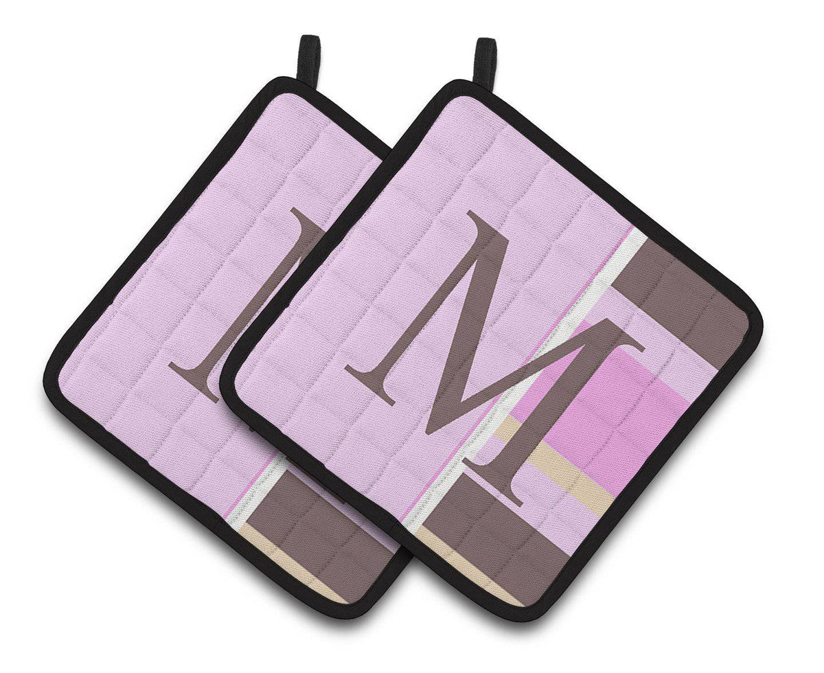 Letter M Initial Monogram - Pink Stripes Pair of Pot Holders CJ1005-MPTHD - the-store.com