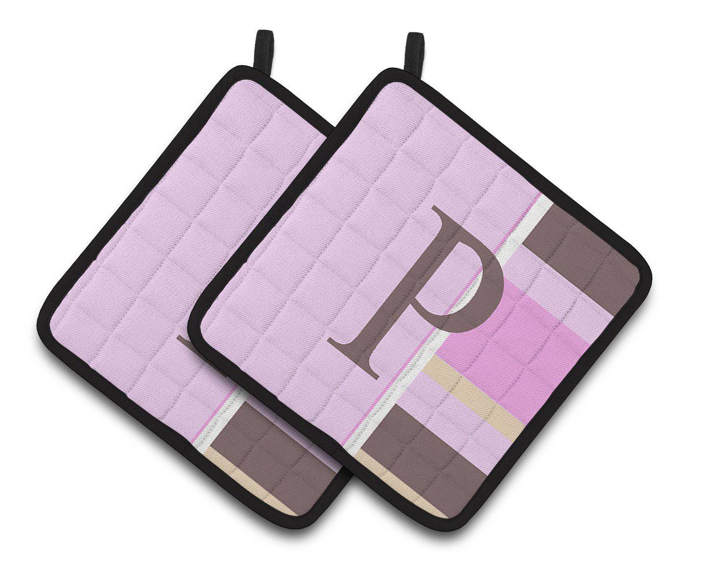 Letter P Initial Monogram - Pink Stripes Pair of Pot Holders CJ1005-PPTHD - the-store.com
