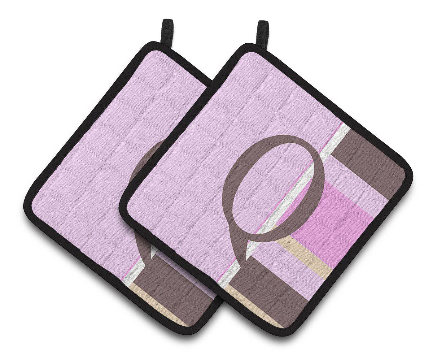 Letter Q Initial Monogram - Pink Stripes Pair of Pot Holders CJ1005-QPTHD - the-store.com