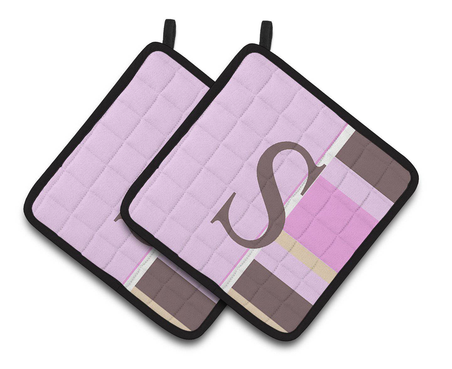 Letter S Initial Monogram - Pink Stripes Pair of Pot Holders CJ1005-SPTHD - the-store.com