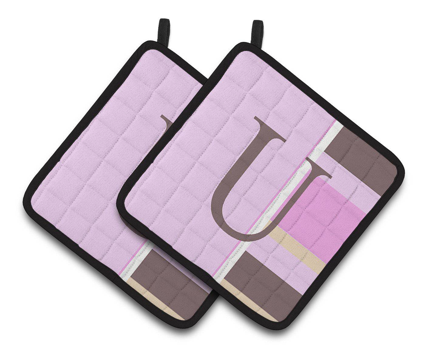 Letter U Initial Monogram - Pink Stripes Pair of Pot Holders CJ1005-UPTHD - the-store.com
