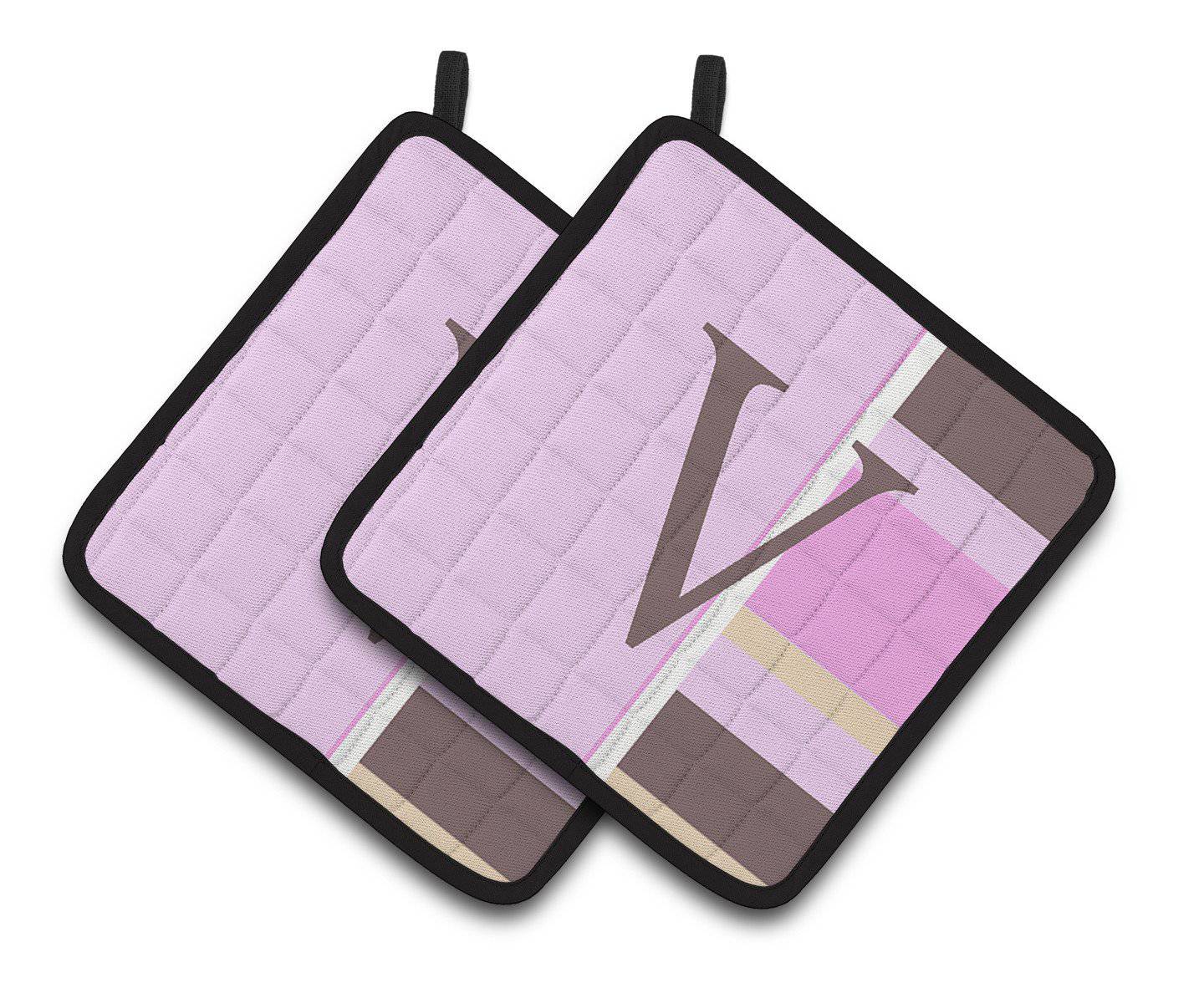 Letter V Initial Monogram - Pink Stripes Pair of Pot Holders CJ1005-VPTHD - the-store.com