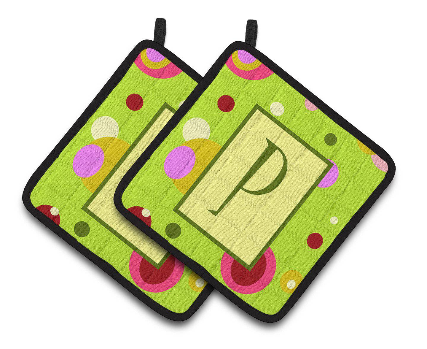 Letter P Monogram - Lime Green Pair of Pot Holders CJ1010-PPTHD - the-store.com