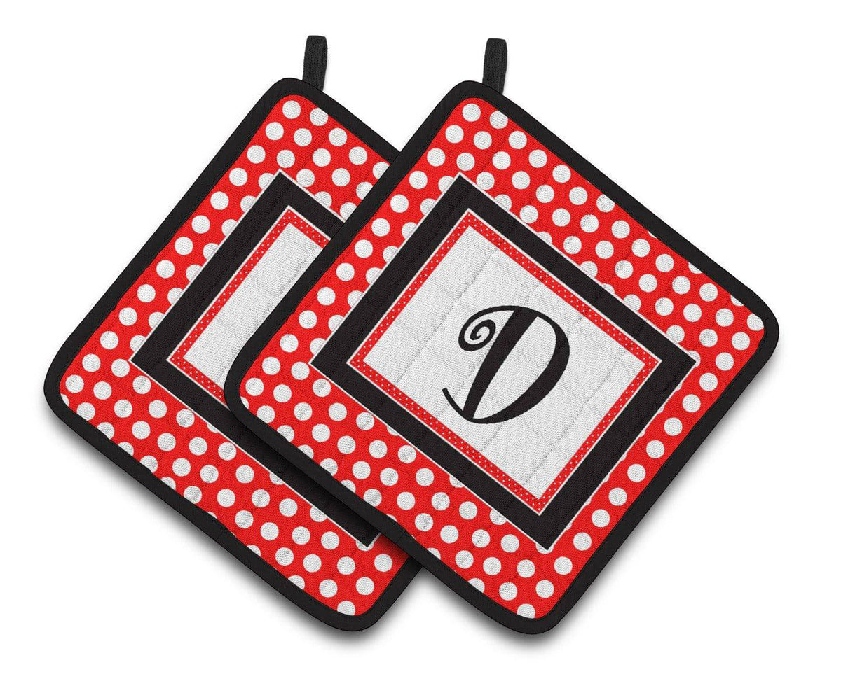 Letter D Initial Monogram Red Black Polka Dots Pair of Pot Holders CJ1012-DPTHD - the-store.com