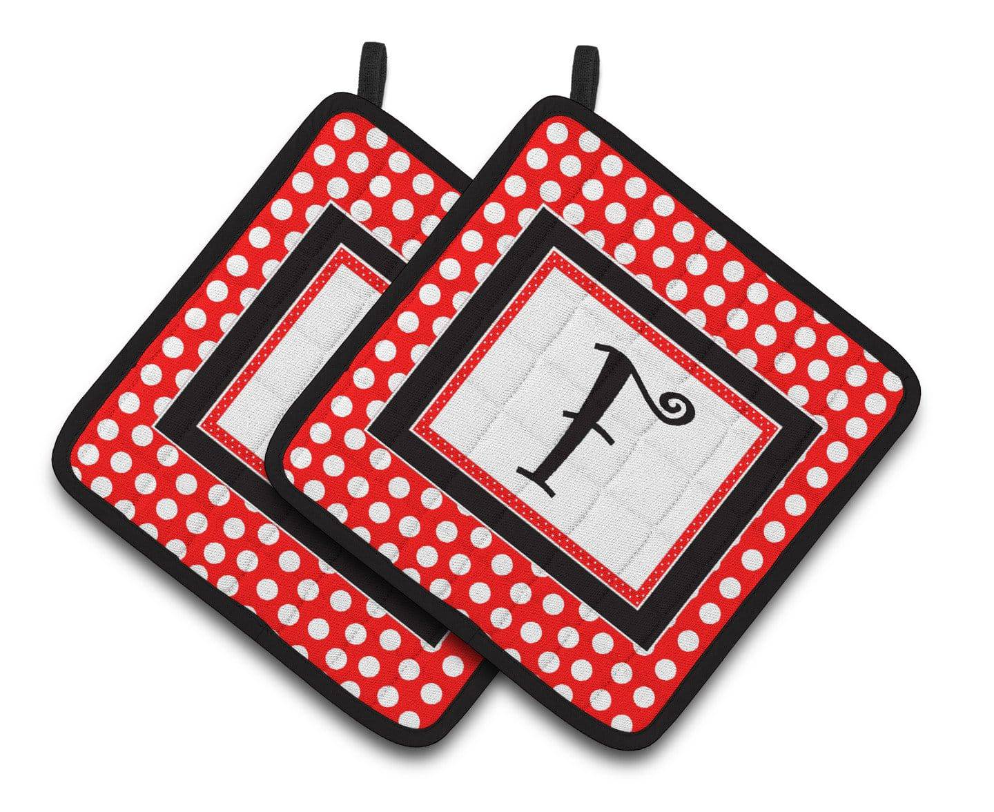 Letter F Initial Monogram Red Black Polka Dots Pair of Pot Holders CJ1012-FPTHD - the-store.com