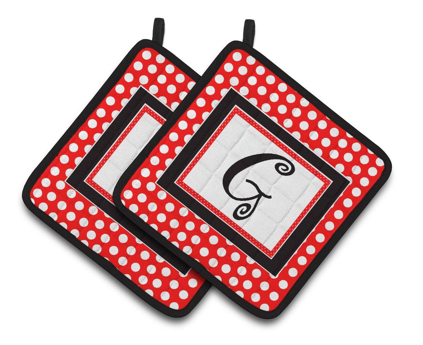Letter G Initial Monogram Red Black Polka Dots Pair of Pot Holders CJ1012-GPTHD - the-store.com