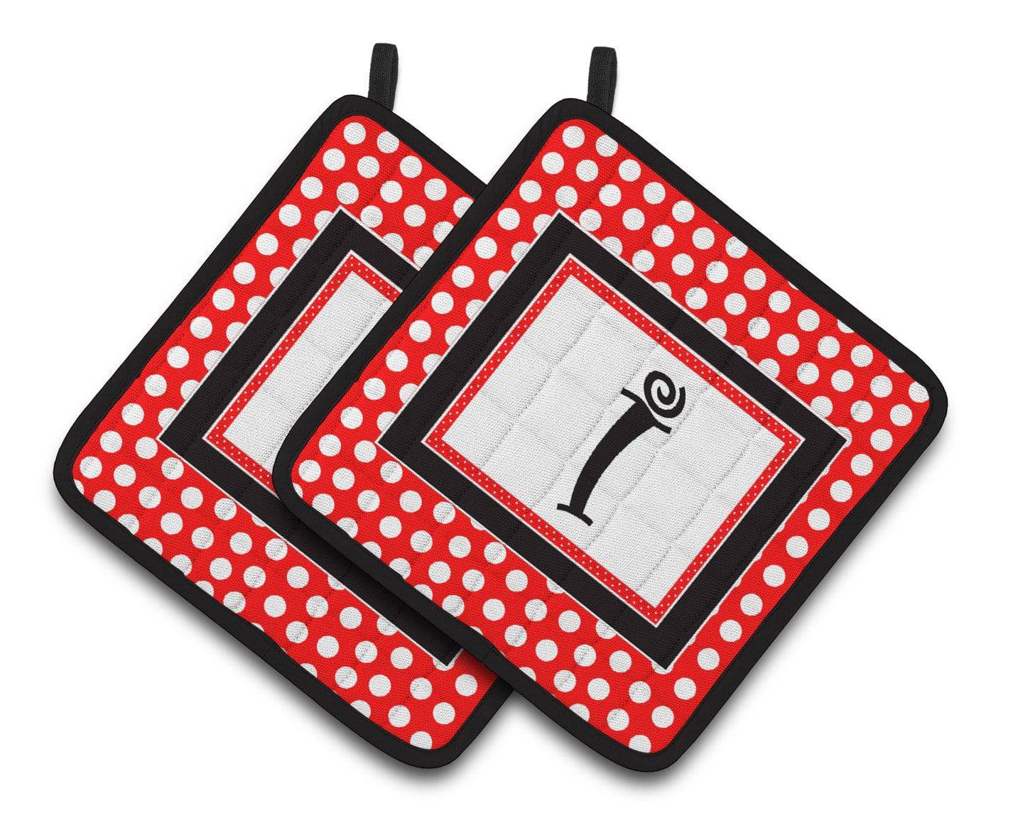 Letter I Initial Monogram Red Black Polka Dots Pair of Pot Holders CJ1012-IPTHD - the-store.com