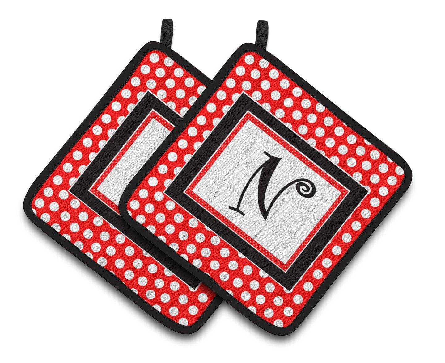 Letter N Initial Monogram Red Black Polka Dots Pair of Pot Holders CJ1012-NPTHD - the-store.com