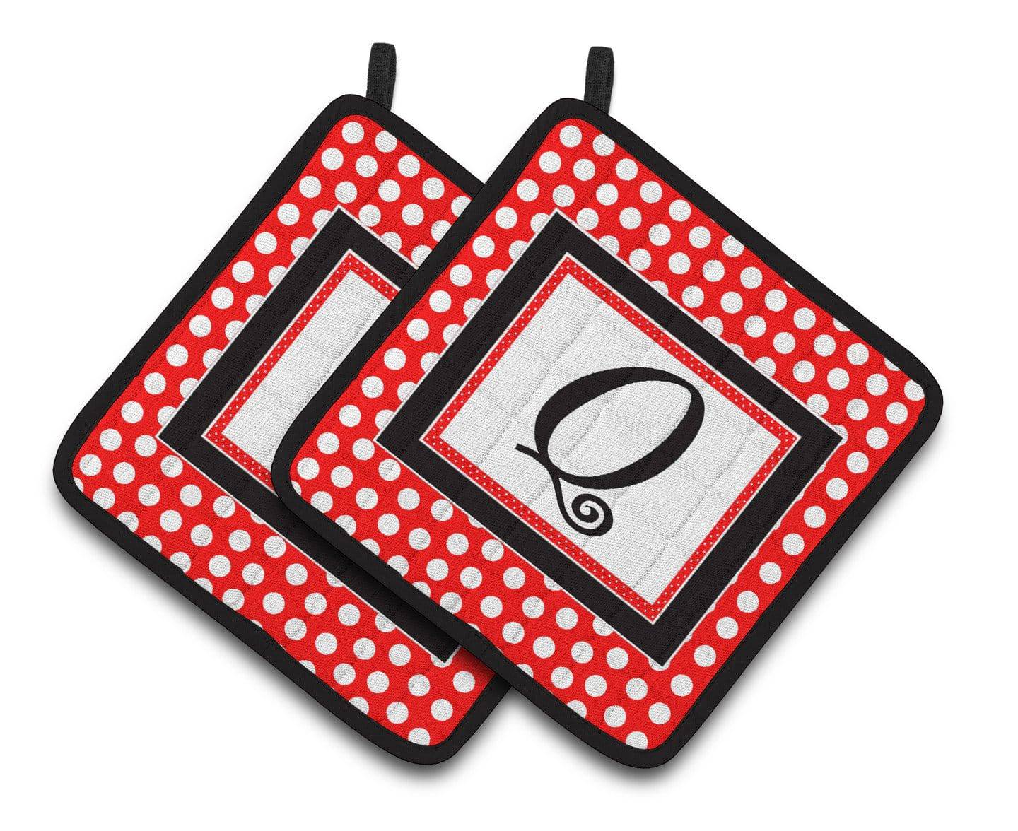 Letter Q Initial Monogram Red Black Polka Dots Pair of Pot Holders CJ1012-QPTHD - the-store.com