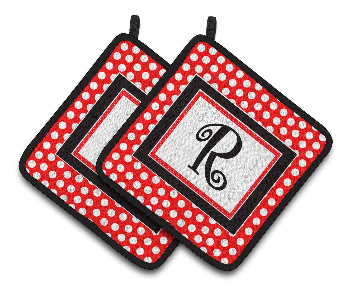 Letter R Initial Monogram Red Black Polka Dots Pair of Pot Holders CJ1012-RPTHD - the-store.com