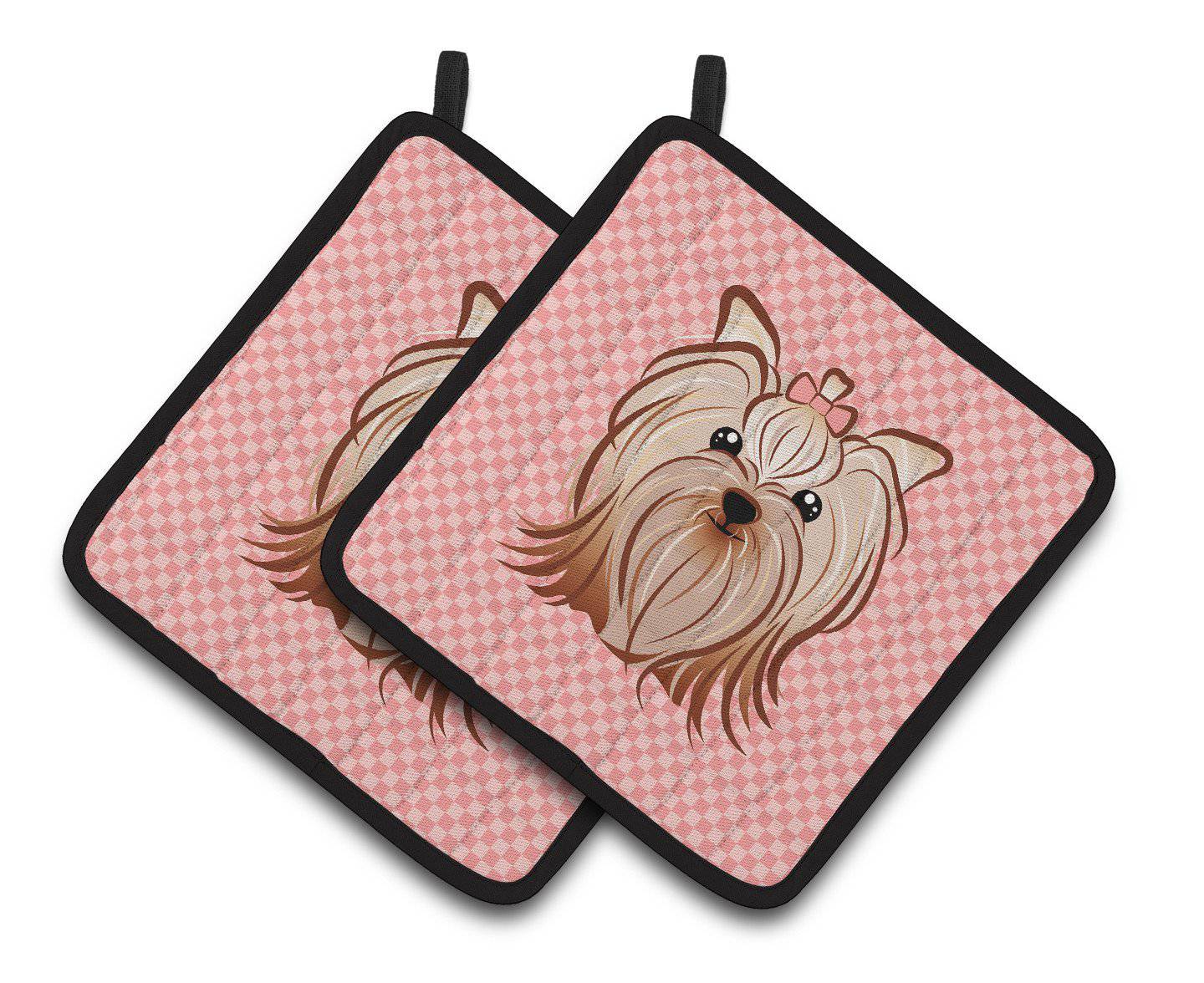 Pink Checkered Yorkie / Yorkshire Terrier Pair of Pot Holders BB1138PTHD - the-store.com