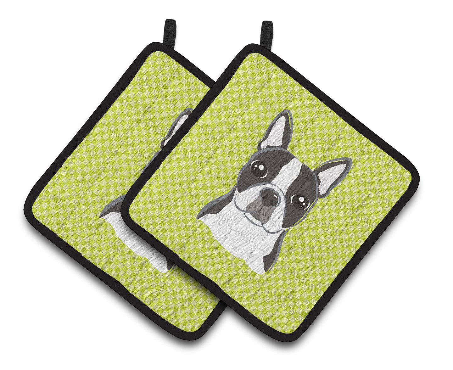 Lime Checkered Boston Terrier Pair of Pot Holders BB1139PTHD - the-store.com