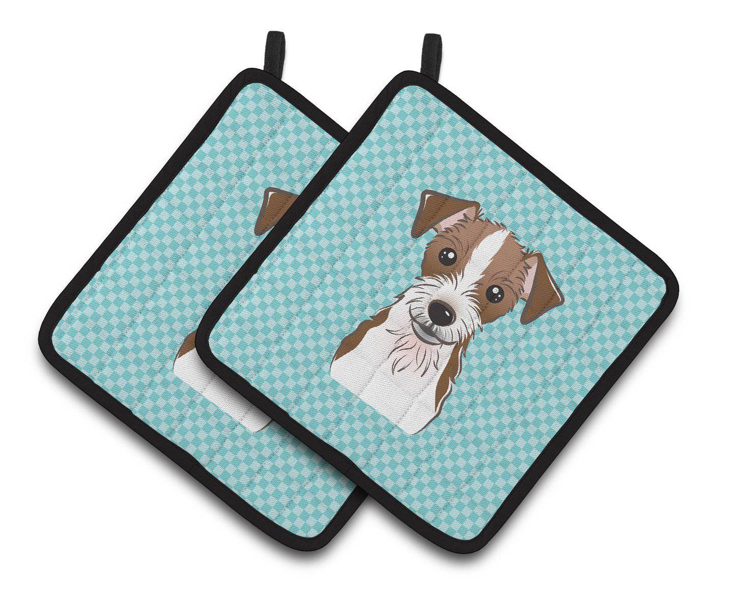 Checkerboard Blue Jack Russell Terrier Pair of Pot Holders BB1140PTHD - the-store.com