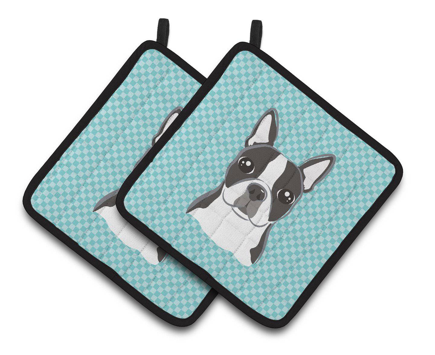 Checkerboard Blue Boston Terrier Pair of Pot Holders BB1141PTHD - the-store.com