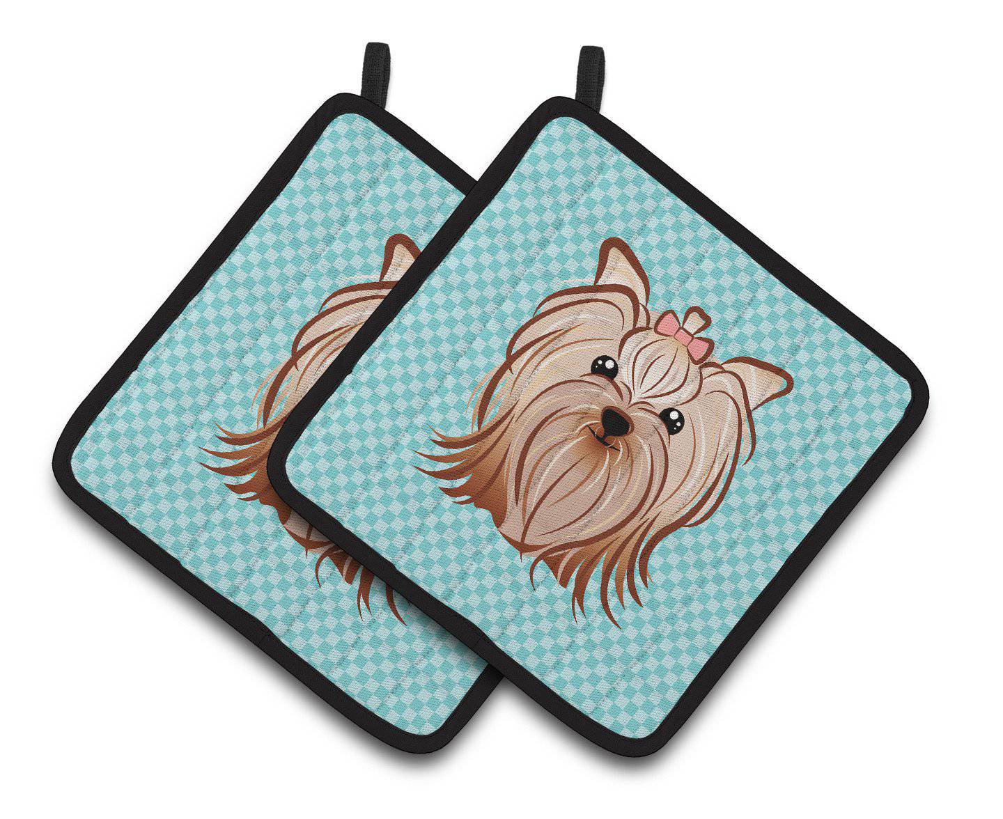 Checkerboard Blue Yorkie Yorkishire Terrier Pair of Pot Holders BB1142PTHD - the-store.com