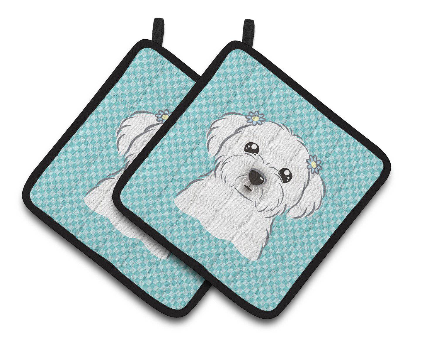 Checkerboard Blue Maltese Pair of Pot Holders BB1146PTHD - the-store.com